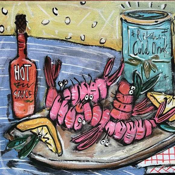 Joanna Art Shrimps on Plate Canvas on Wooden Frame Ready to Hang - Picture 3 of 6
